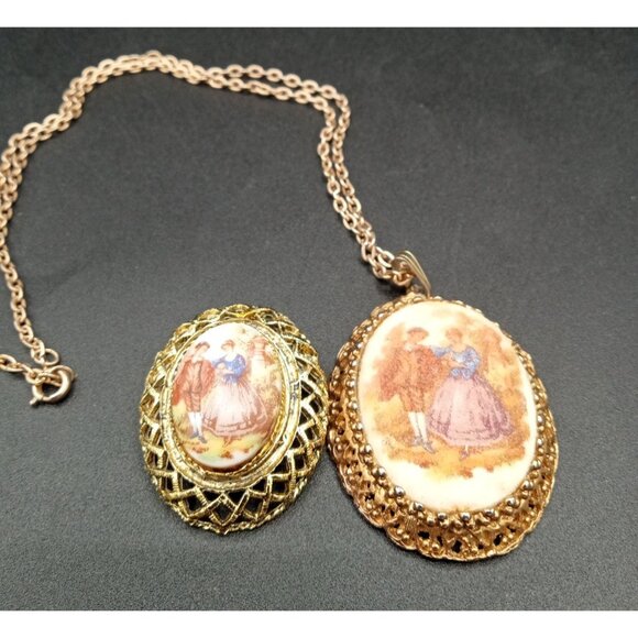 Pendant Necklace Brooch Set Vintage Germany Courting Scene 21 In Gold Tone Chain - Picture 1 of 15